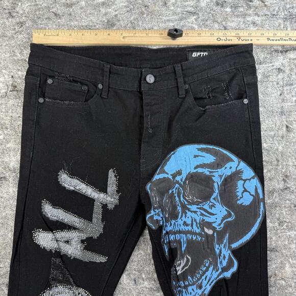 GFTD Los Angeles‎ Jeans Mens 36x33 Black White Death To All Skull Distressed - Picture 5 of 13
